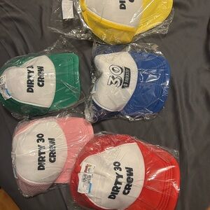 Colorful Trucker Hats with 'Dirty 30 Crew' Print